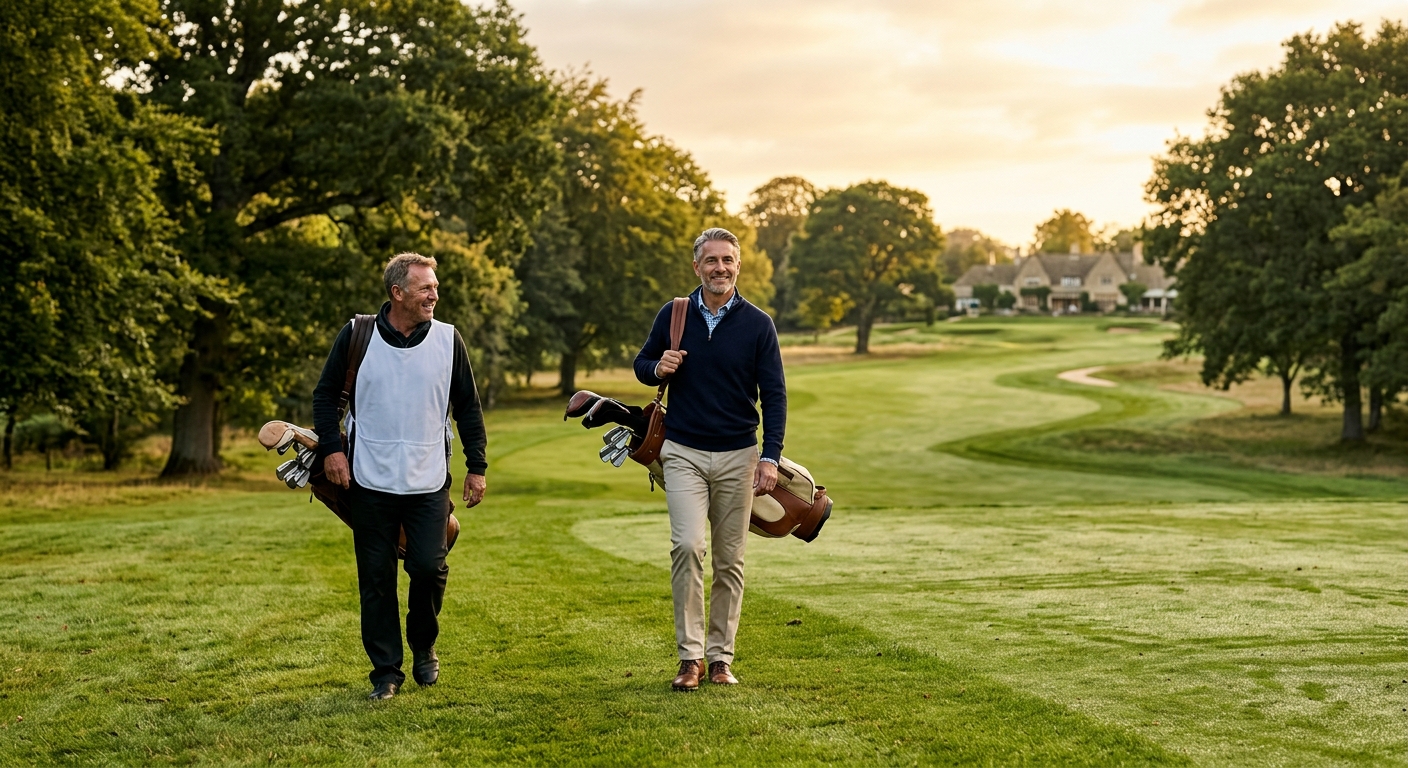 Golfer walking the fairway at sunset, bag over shoulder