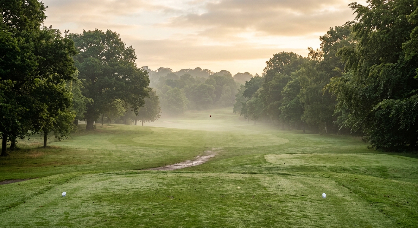 An early morning on the course, bag and clubs in soft light