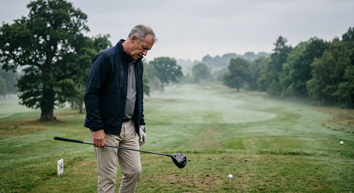 A golfer looking frustrated after a mishit, club resting on shoulder